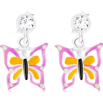 Náušnice Puzetové stříbrné náušnice 925 s krystalem Swarovski, fialovožlutý motýlek