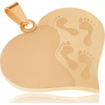 Přívěsek Šperky Eshop Přívěsek z oceli zlaté barvy, souměrná srdce, gravírované otisky nohou