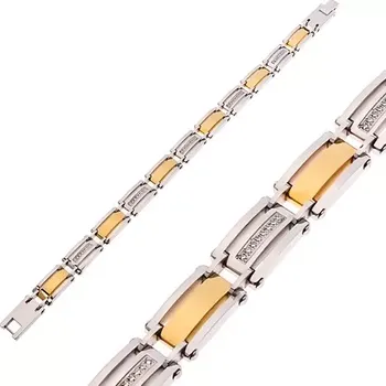 Náramek Náramek z chirurgické oceli, dvoubarevné články, pásy čirých zirkonů