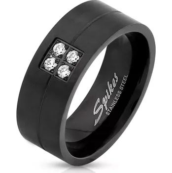 Prsten Prsten z oceli v černé barvě - čtyři blýskavé zirkony, 8 mm - Velikost: 70