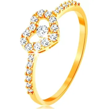 Prsten Zlatý prsten 585 - zirkonová ramena, blýskavý čirý obrys srdce se zirkonem - Velikost: 49