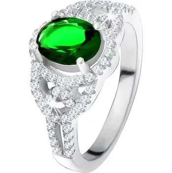 Prsten Prsten - oválný zelený zirkon, lem, zaoblené linie, čiré kamínky, stříbro 925 - Velikost: 50