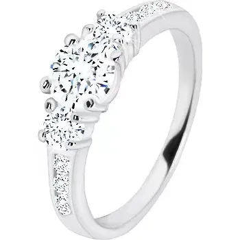 Prsten Zásnubní prsten ze stříbra 925 - tři kulaté zirkony, lesklá ramena se zirkonky - Velikost: 51