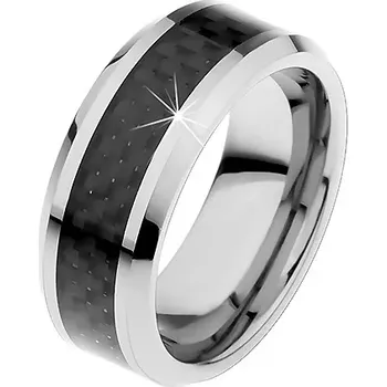 Prsten Wolframový prstýnek stříbrné barvy, středový pás z černých vláken, 8 mm - Velikost: 66