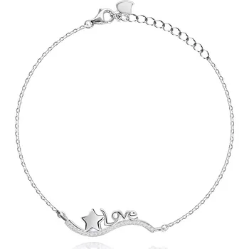 Náramek Stříbrný 925 náramek, vlnka z čirých zirkonů, lesklá hvězdička a nápis Love