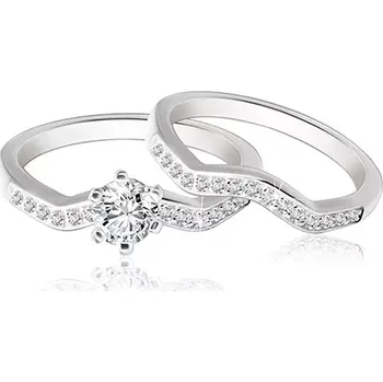 Prsten Dvojset stříbrných prstýnků 925 - zvlněná zirkonová linie, blýskavý kulatý zirkon - Velikost: 48