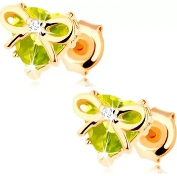 Náušnice Náušnice ze žlutého 14K zlata, olivínové srdce s mašlí a zirkonem