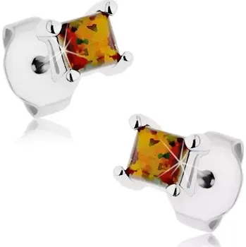 Náušnice Náušnice z oceli 316L, čtvercový syntetický opál oranžové a zelené barvy, 3 mm