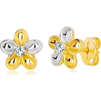 Náušnice Puzetové náušnice ve 14K zlatě - dvoubarevný květ se zirkonem čiré barvy