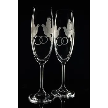 Sklenice Svatební sklenky 2ks na sekt 220ml holubičky - ručně ryté (broušené) dárek z lásky, dárková krabička