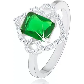 Prsten Stříbrný prsten 925, zelený obdélníkový zirkon, čiré obrysy lístků, obloučky - Velikost: 51
