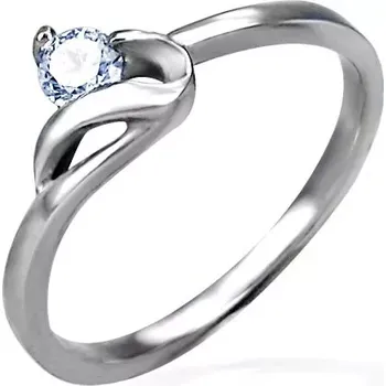Prsten Zásnubní prsten stříbrné barvy, ocel 316L, kulatý čirý zirkon a zvlněné rameno - Velikost: 49