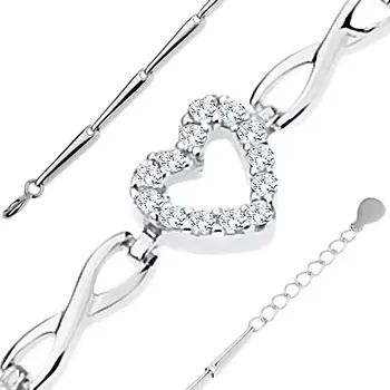 Náramek Stříbrný náramek 925, lesklé články, čiré zirkonové obrysy srdíček