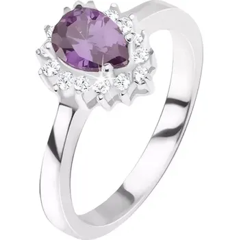 Prsten Stříbrný prsten 925 - fialový slzičkovitý kamínek, zirkonová obruba - Velikost: 66