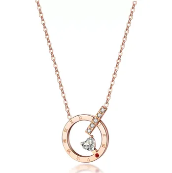 Náhrdelník Ocelový náhrdelník měděný - kruh s římskými číslicemi, zirkonové srdce