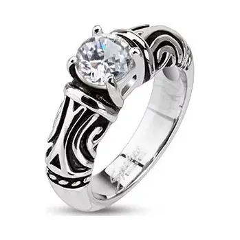 Prsten Ocelový dekorativní patinovaný prsten se zirkonem - Velikost: 51