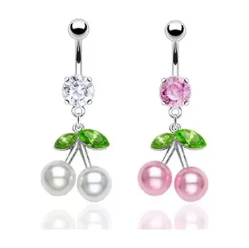 Piercing Ocelový piercing do pupíku, barevné třešně, perleťové kuličky, zirkony - Barva piercing: Čirá