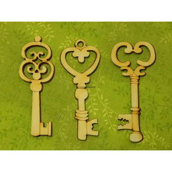 Překližka Výřez z překližky, C124/OP10280, SADA VELKÝCH KLÍČŮ, 6,9x2,8cm, 3ks