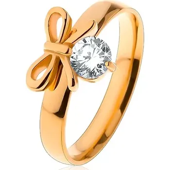 Prsten Prsten z chirurgické oceli ve zlaté barvě, lesklá mašlička s čirým zirkonem - Velikost: 54