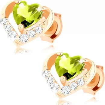 Náušnice Náušnice z žltého 14K zlata, kontura srdce s olivínem a zirkony