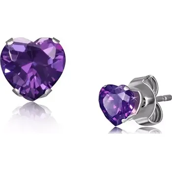 Náušnice Ocelové náušnice ve stříbrném odstínu, drobné zirkonové srdce fialové barvy
