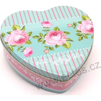 Dóza na potraviny BELLA světle modrá plechová dóza srdce na čokoládu 2482 s růžemi a ornamenty