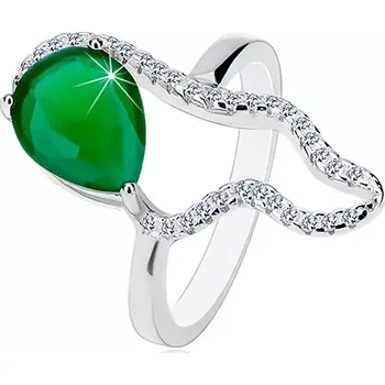 Prsten Stříbrný 925 prsten - velká zelená slza ze zirkonu, čirá asymetrická kontura - Velikost: 57