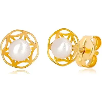 Náušnice Puzetové náušnice ze 14K zlata - ornamentální vyřezávaný květ a perla