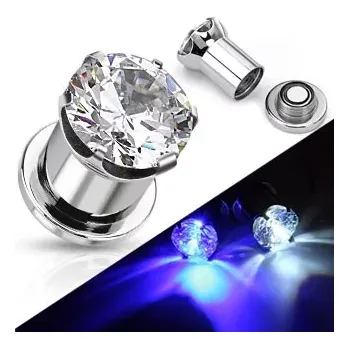 Piercing Svítící ocelový plug do ucha - kulatý čirý zirkon - Tloušťka : 10 mm, Barva: Modrá