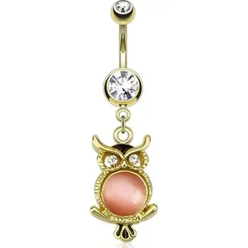 Piercing Zlatý ocelový piercing do pupku, sova s růžovým kamínkem
