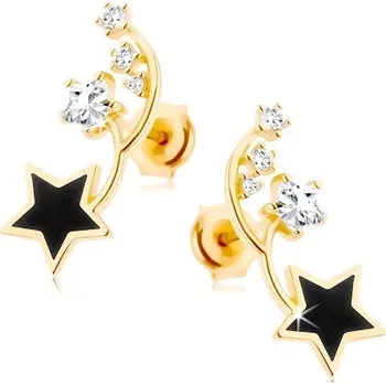 Náušnice Náušnice ve žlutém 14K zlatě - dva tenké obloučky, černá a zirkonová hvězdička