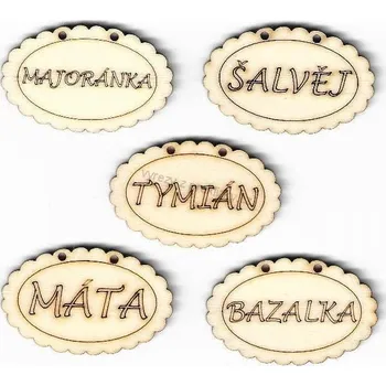 Překližka Výřez z překližky, O114/1, cedulka-BAZALKA, 4,5x2,8cm, 1ks