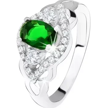 Prsten Stříbrný prsten 925, tmavě zelený kámen, lem z čirých zirkonů, tvar oka - Velikost: 54