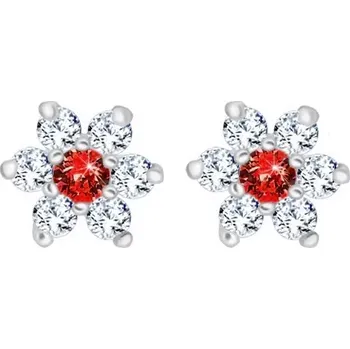 Náušnice Náušnice z 925 stříbra - zářivý zirkonový květ, červený kulatý zirkon, puzetky