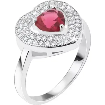 Prsten Prsten ze stříbra 925 - červený srdíčkový kamínek, zirkonová kontura - Velikost: 49