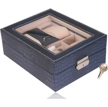 Šperkovnice Obdélníková šperkovnice tmavomodré barvy - imitace krokodýlí kůže, přezka, klíč