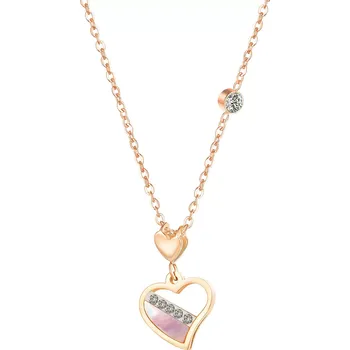 Náhrdelník Ocelový náhrdelník v měděné barvě, nepravidelný obrys srdce, perleť, čiré zirkony