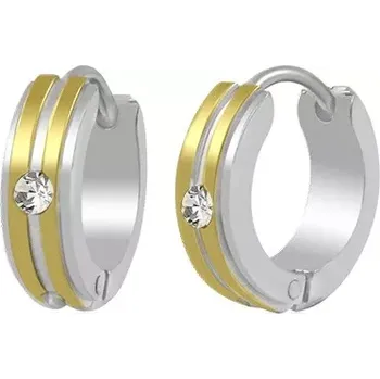 Náušnice Dvoubarevné ocelové náušnice - kroužky, dva zlaté pruhy a zirkon čiré barvy