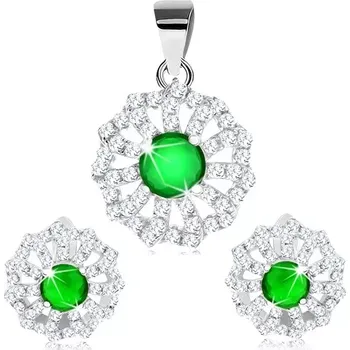 Náušnice Set přívěsku a náušnic, stříbro 925, čiré zirkonové lupínky a zelený střed