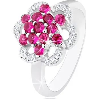 Prsten Blýskavý prsten, stříbro 925, lesklá ramena, květ z růžových a čirých zirkonů - Velikost: 51