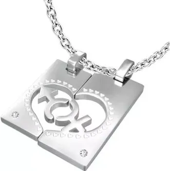 Přívěsek Ocelový přívěsek pro dvojici - obdélník, srdce, znak MUŽE a ŽENY, zirkony