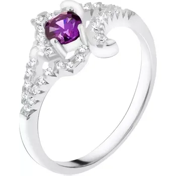 Prsten Stříbrný prsten 925, fialový kamínek, zakroucená zirkonová ramena - Velikost: 47