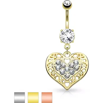 Piercing Piercing do bříška z chirurgické oceli, srdce s čirými zirkony a výřezy - Barva piercing: Měděná