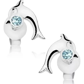 Náušnice Blýskavé náušnice, stříbro 925, lesklý skákající delfín, modrý krystalek