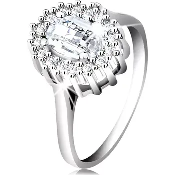 Prsten Zásnubní prsten ze stříbra 925, oválný broušený zirkon, lem z drobných zirkonků - Velikost: 57