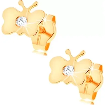 Náušnice Zlaté náušnice 585 - lesklý plochý motýlek, vsazený kulatý čirý zirkon