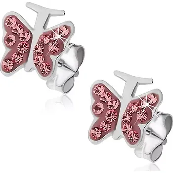 Náušnice Stříbrné náušnice 925 - růžový motýlek se zirkony