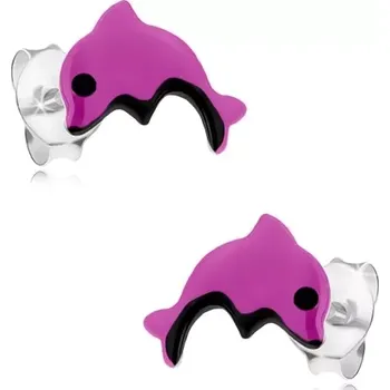 Náušnice Stříbrné náušnice 925, malý fialový delfín, černé očko a bříško, glazura