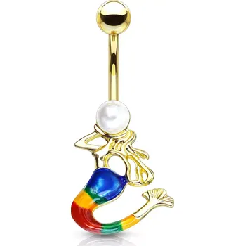 Piercing Ocelový piercing do bříška ve zlatém odstínu - mořská panna, syntetická perla bílé barvy
