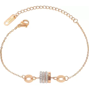 Náramek Ocelový náramek v měděné barvě - kruhy s římskými číslicemi, válec se zirkonovými kolečky